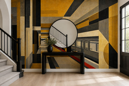 Geometrik Koridor Perspektif Poster Duvar Kağıdı Sarı Siyah Salon