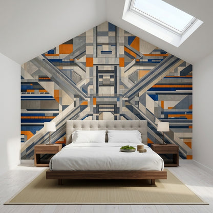 Geometrik Soyut Poster Duvar Kağıdı Gri Mavi Salon Duvarı