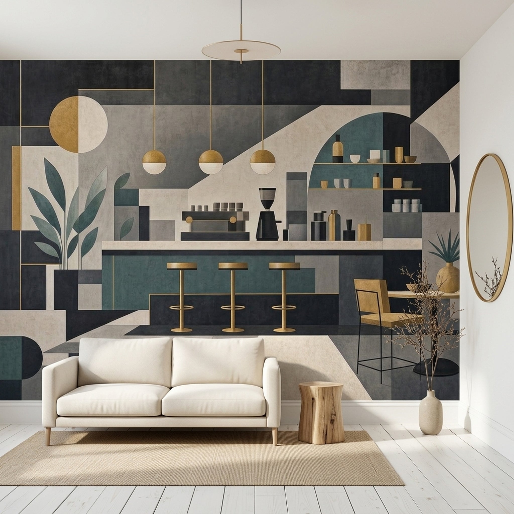 Geometrik Kafe Temalı Poster Duvar Kağıdı Yeşil Bej Salon
