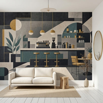 Geometrik Kafe Temalı Poster Duvar Kağıdı Yeşil Bej Salon