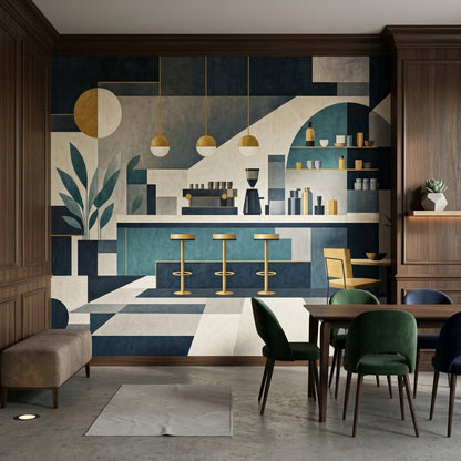 Geometrik Kafe Temalı Poster Duvar Kağıdı Yeşil Bej Salon