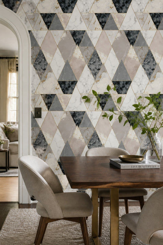 Geometrik Üçgen Mermer Desenli Duvar Kağıdı Gri Beyaz Salon