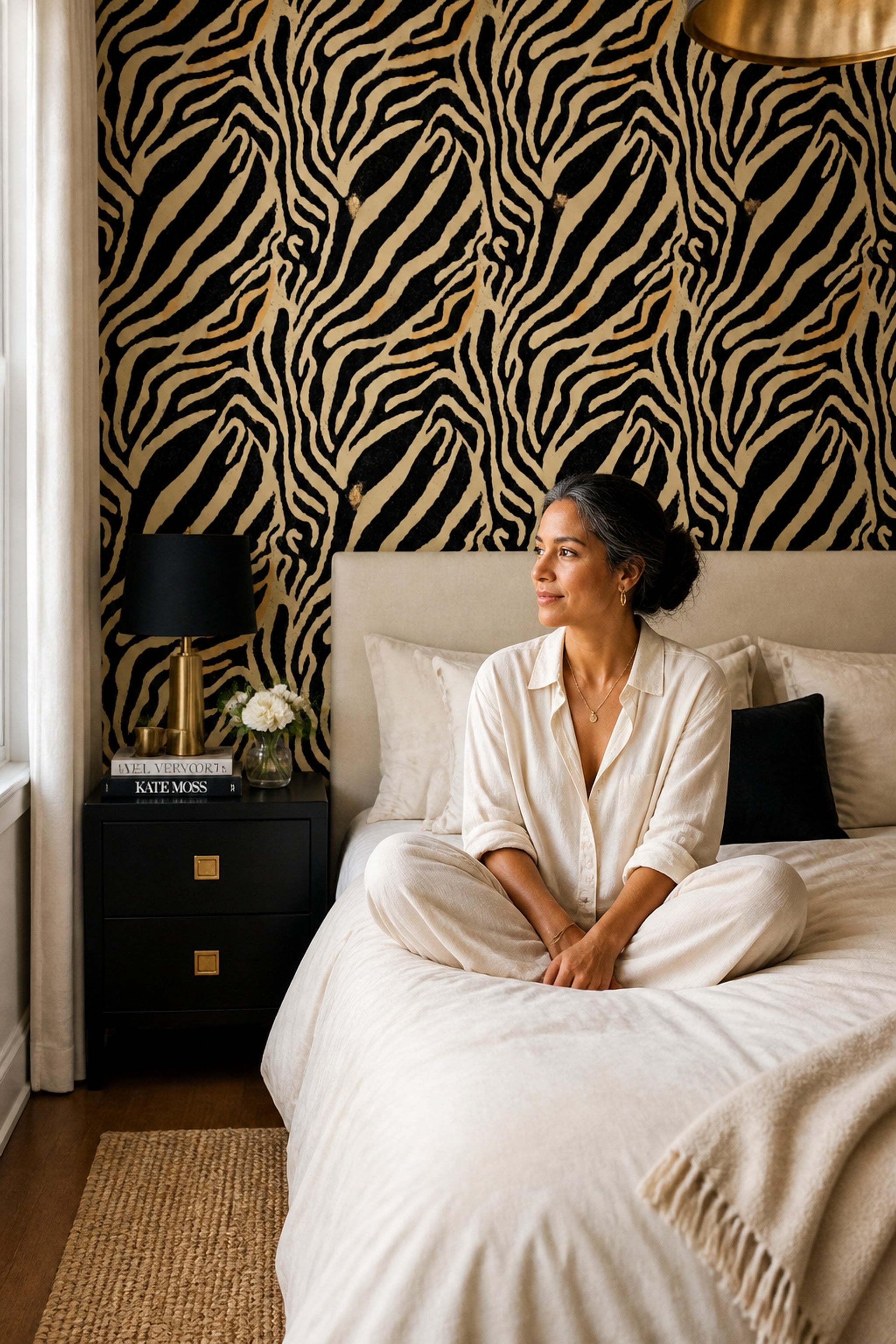 Zebra Desenli Duvar Kağıdı Siyah Bej Modern Salon