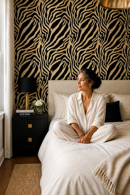 Zebra Desenli Duvar Kağıdı Siyah Bej Modern Salon