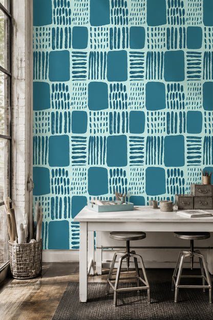 Mavi Geometrik Desenli Duvar Kağıdı Modern Kare Motif