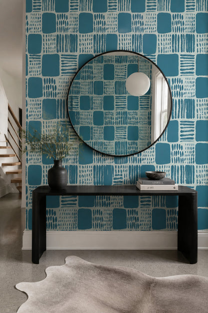 Mavi Geometrik Desenli Duvar Kağıdı Modern Kare Motif