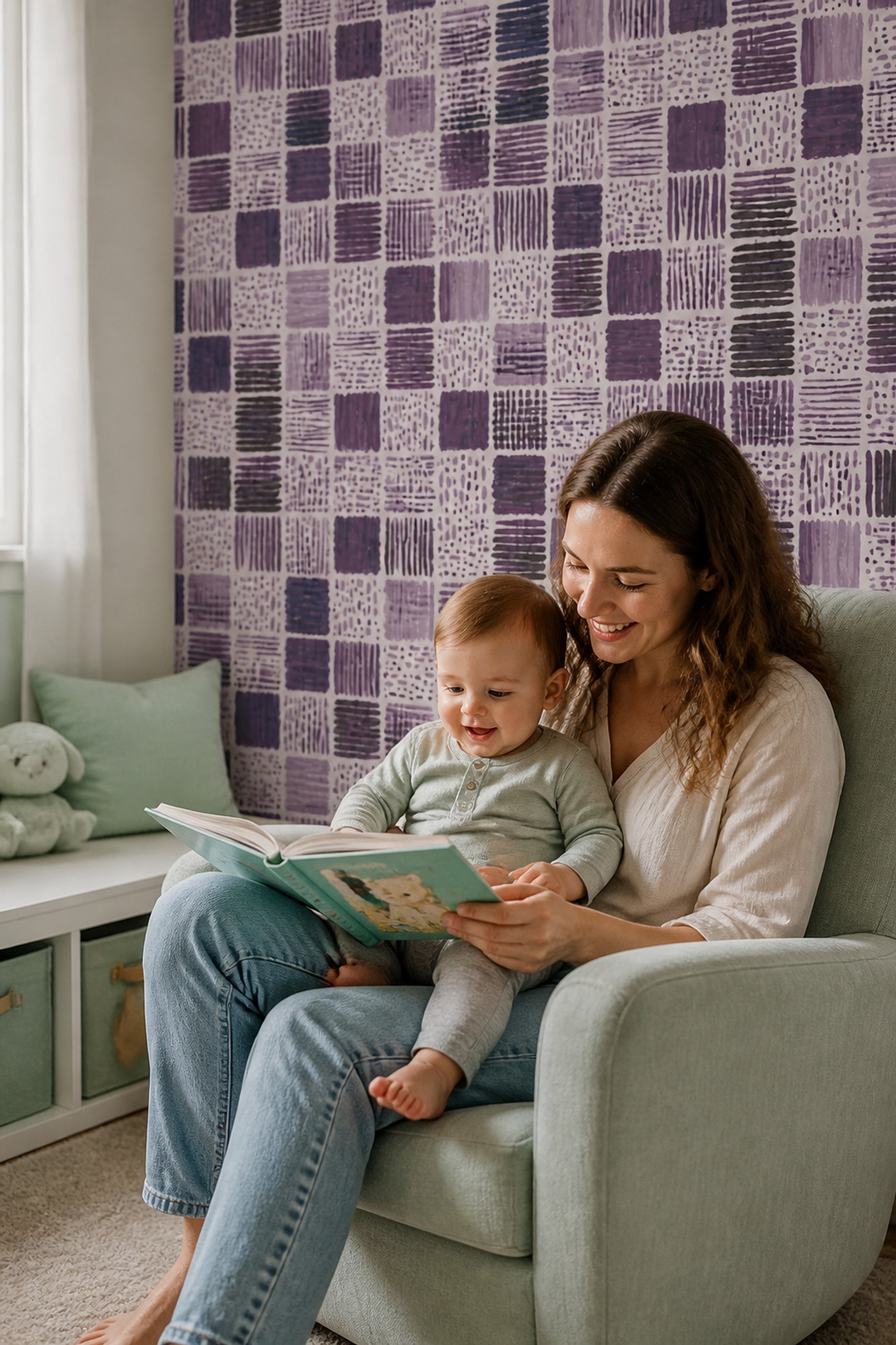 Mor Geometrik Desenli Duvar Kağıdı Modern Salon Duvar Dekoru