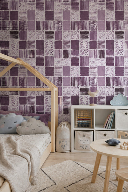 Mor Geometrik Desenli Duvar Kağıdı Modern Salon Duvar Dekoru