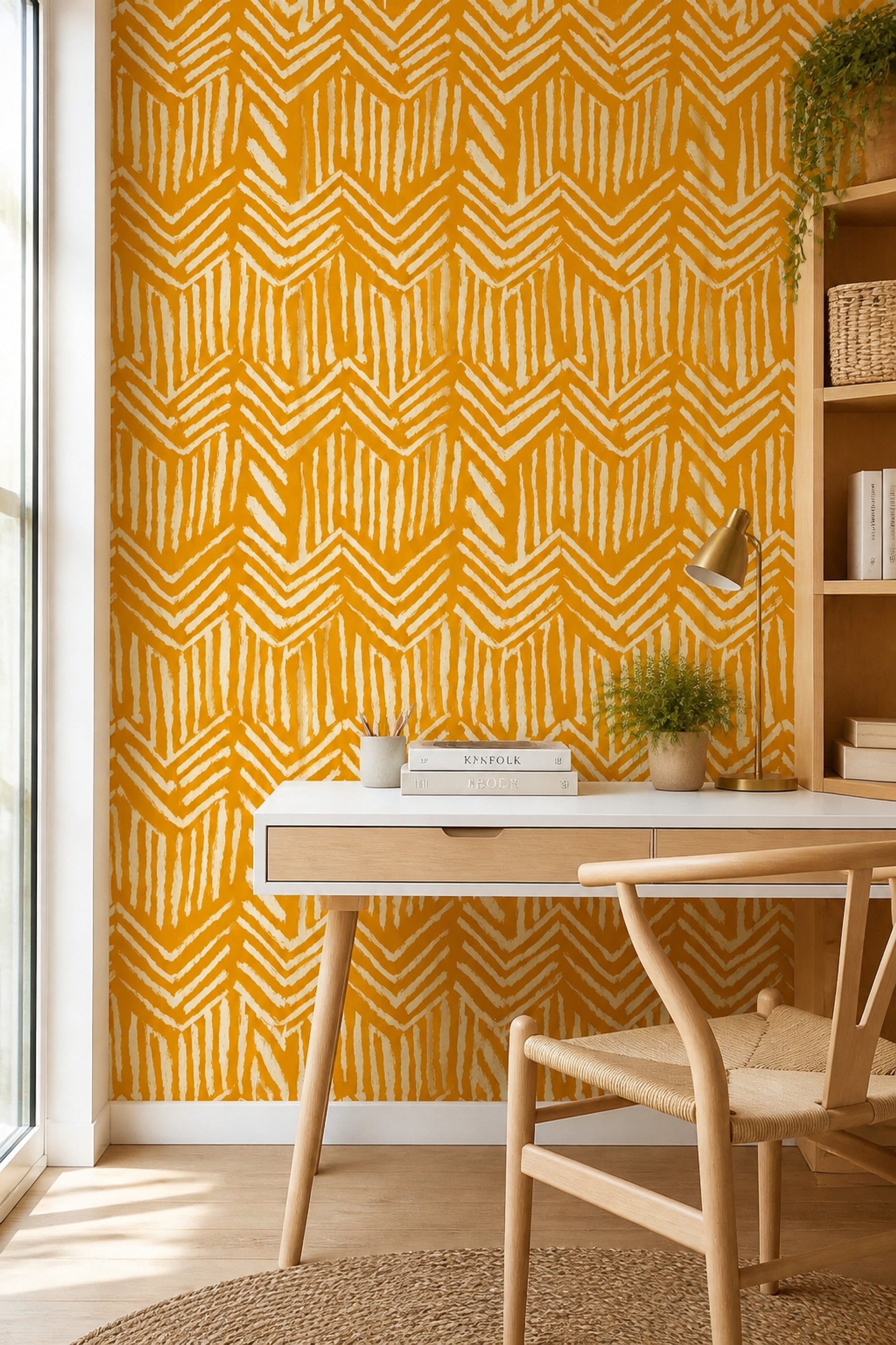 Geometrik Zikzak Desenli Duvar Kağıdı Hardal Sarı Salon
