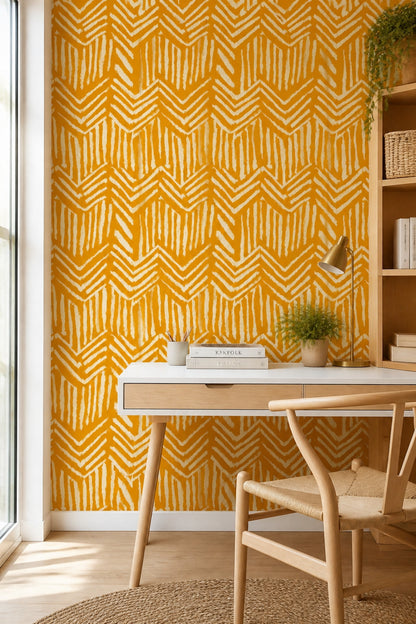 Geometrik Zikzak Desenli Duvar Kağıdı Hardal Sarı Salon