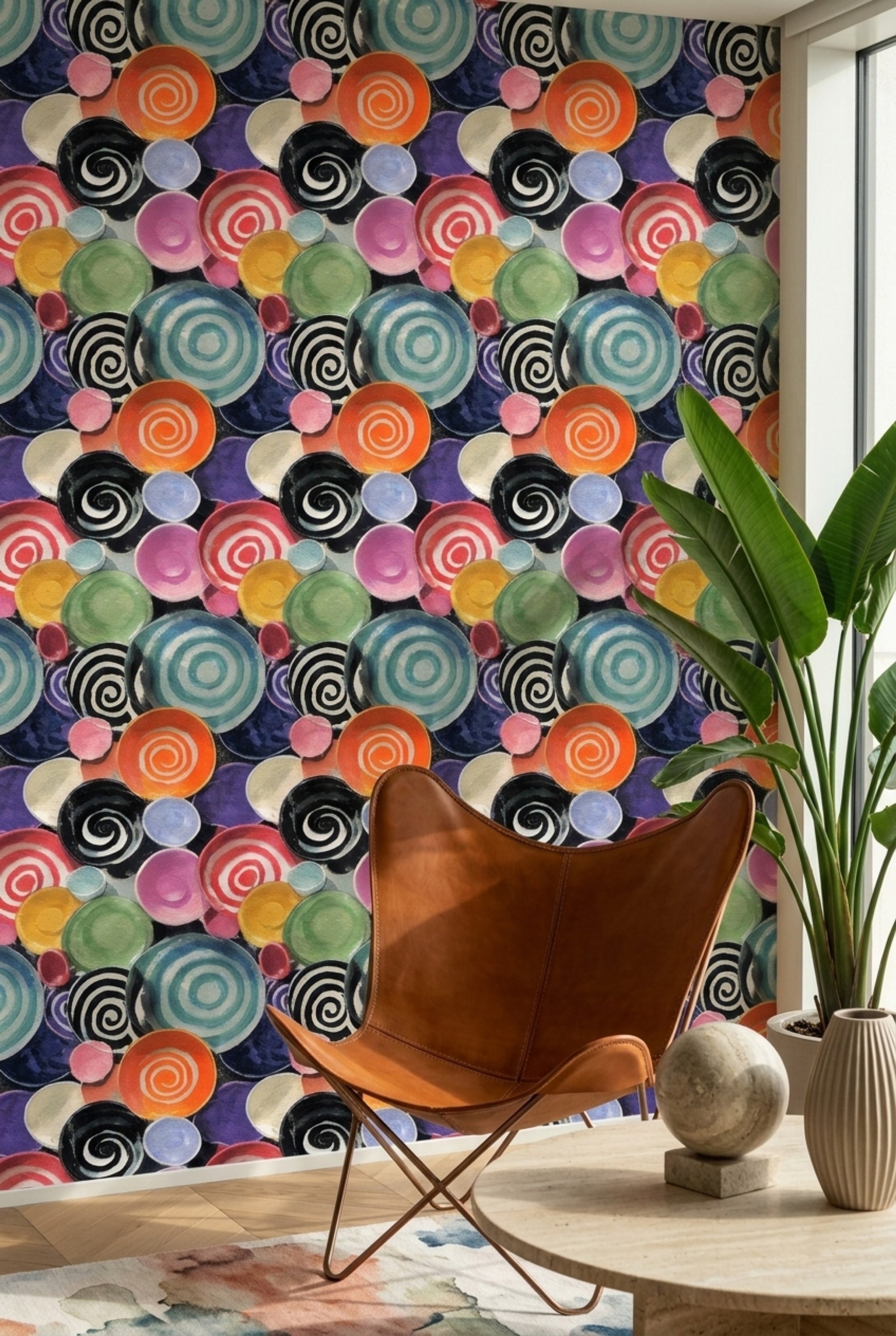 Renkli Daire Desenli Duvar Kağıdı Modern Geometrik Salon