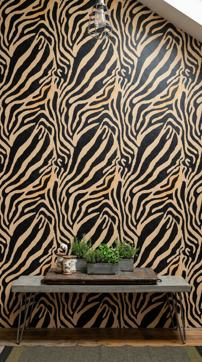 Zebra Desenli Duvar Kağıdı Siyah Bej Modern Salon