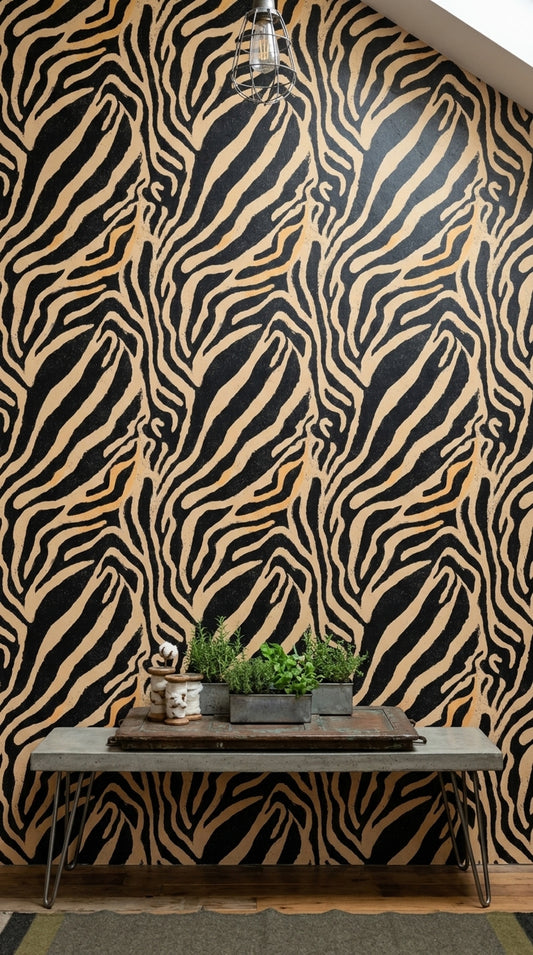 Zebra Desenli Duvar Kağıdı Siyah Bej Modern Salon