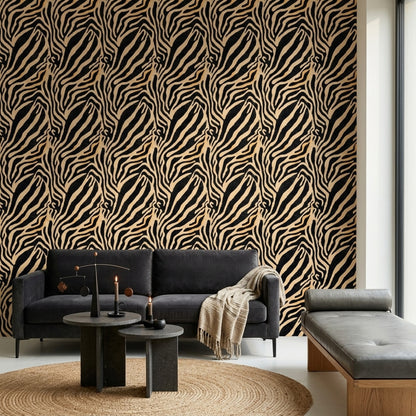 Zebra Desenli Duvar Kağıdı Siyah Bej Modern Salon
