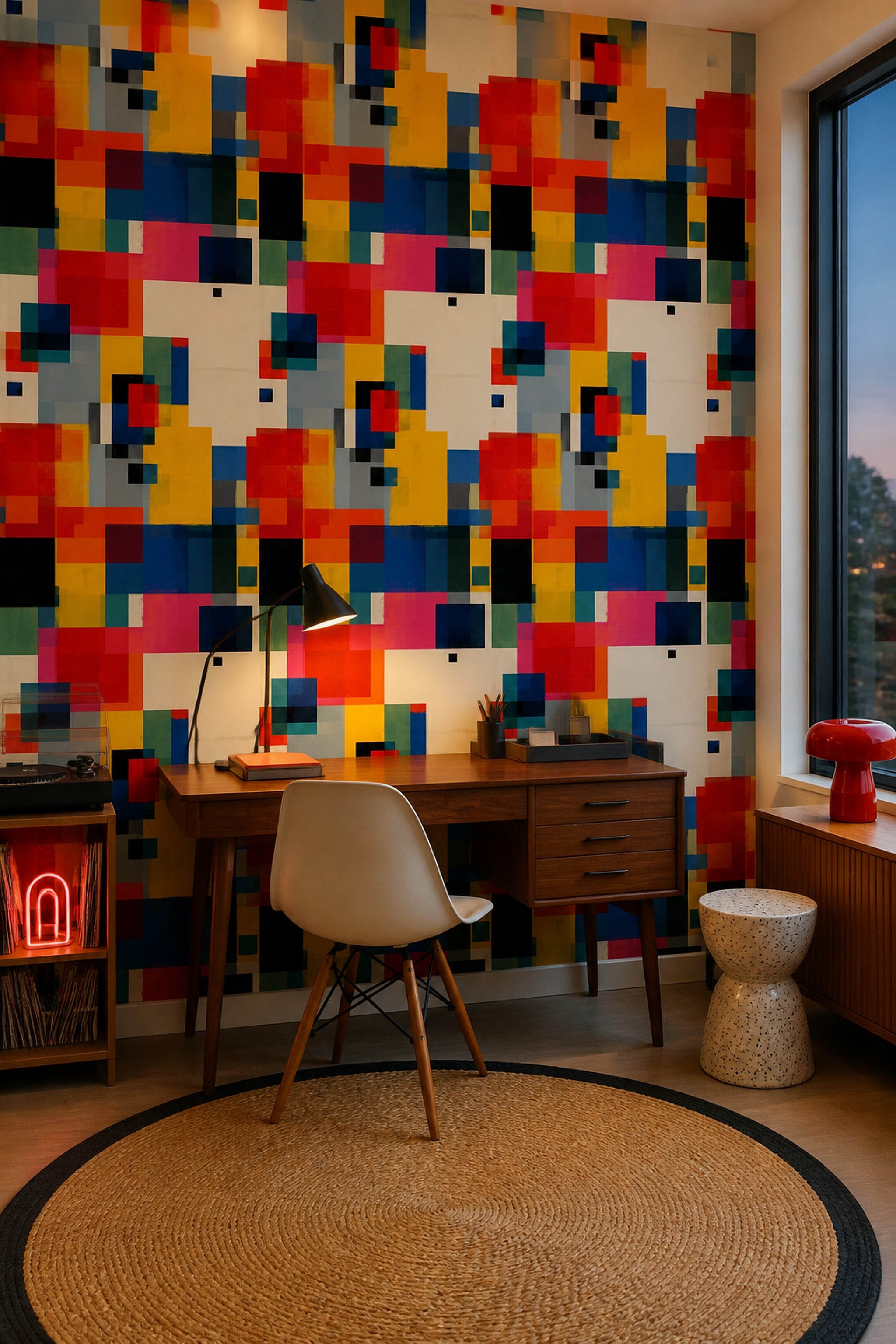 Renkli Geometrik Duvar Kağıdı Kare Desenli Modern Salon