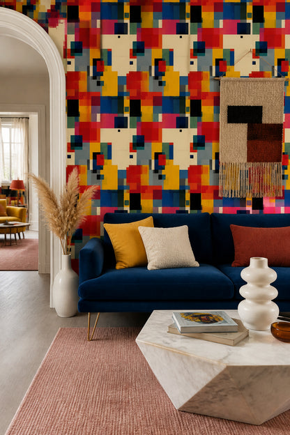 Renkli Geometrik Duvar Kağıdı Kare Desenli Modern Salon
