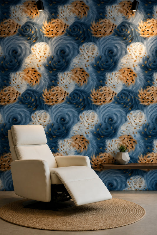 Soyut Spiral Desenli Duvar Kağıdı Lacivert Bej Salon