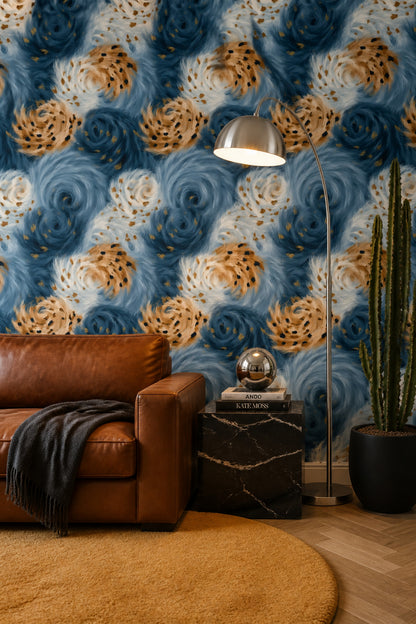 Soyut Spiral Desenli Duvar Kağıdı Lacivert Bej Salon