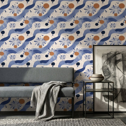 Mavi Dalgalı Çiçek Desenli Duvar Kağıdı Modern Salon