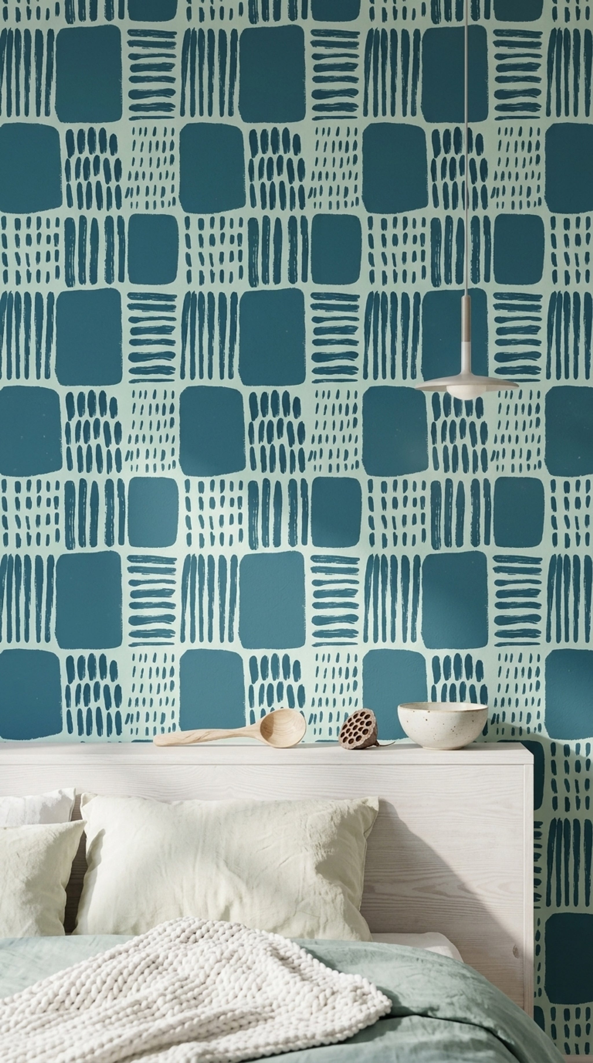 Mavi Geometrik Desenli Duvar Kağıdı Modern Kare Motif