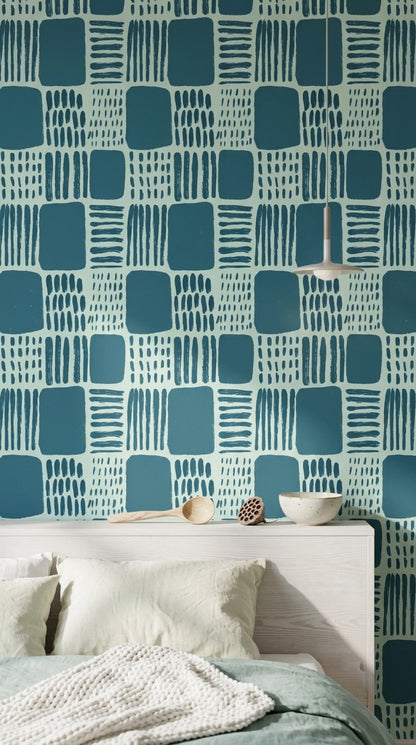 Mavi Geometrik Desenli Duvar Kağıdı Modern Kare Motif