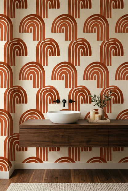 Retro Gökkuşağı Desenli Duvar Kağıdı Kiremit Turuncu Salon