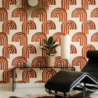 Retro Gökkuşağı Desenli Duvar Kağıdı Kiremit Turuncu Salon