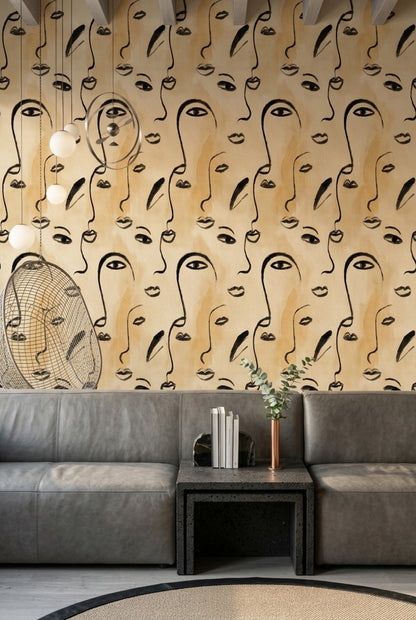 Soyut Yüz Desenli Duvar Kağıdı Bej Modern Salon