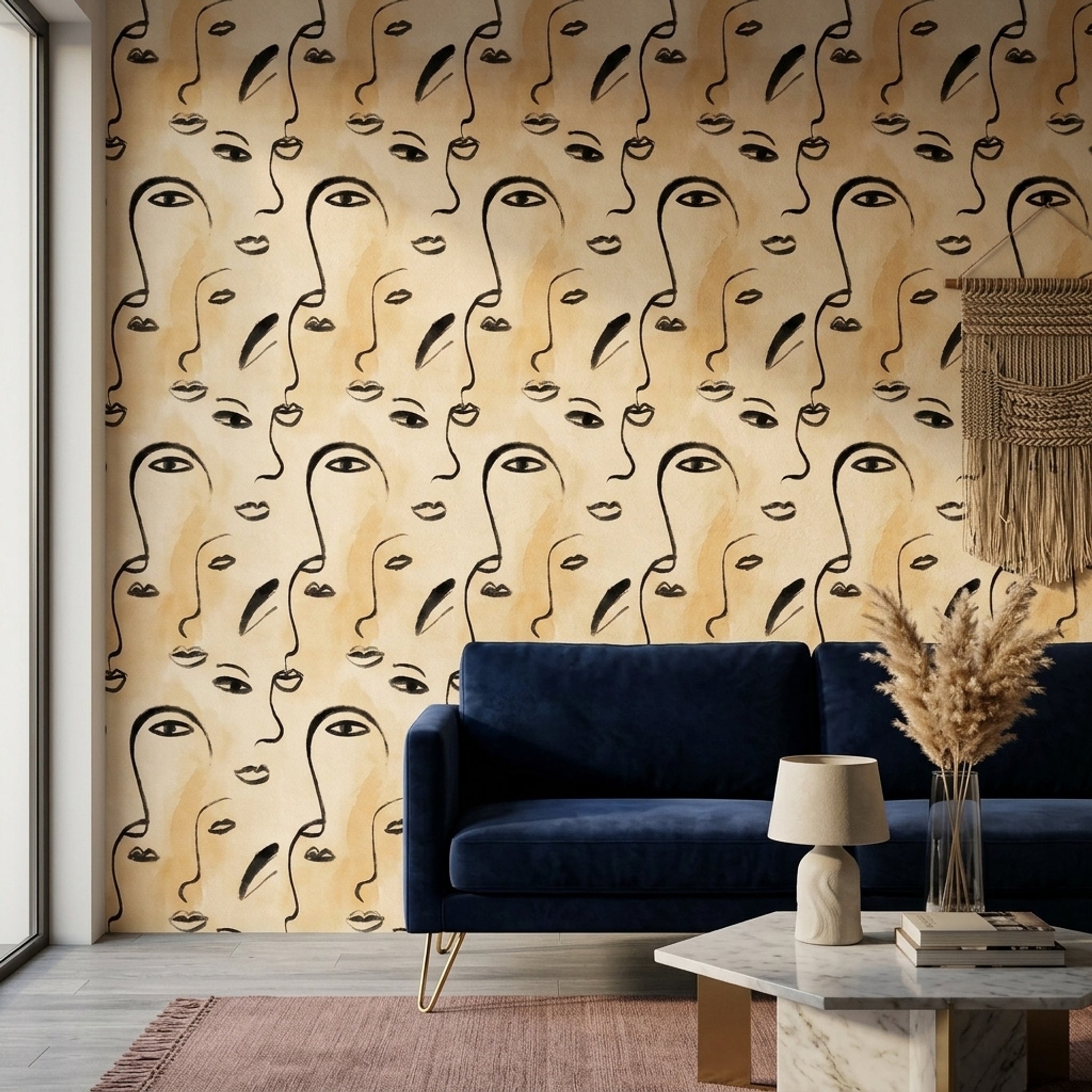 Soyut Yüz Desenli Duvar Kağıdı Bej Modern Salon