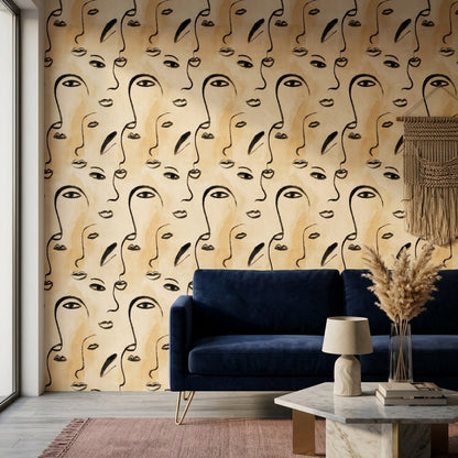 Soyut Yüz Desenli Duvar Kağıdı Bej Modern Salon