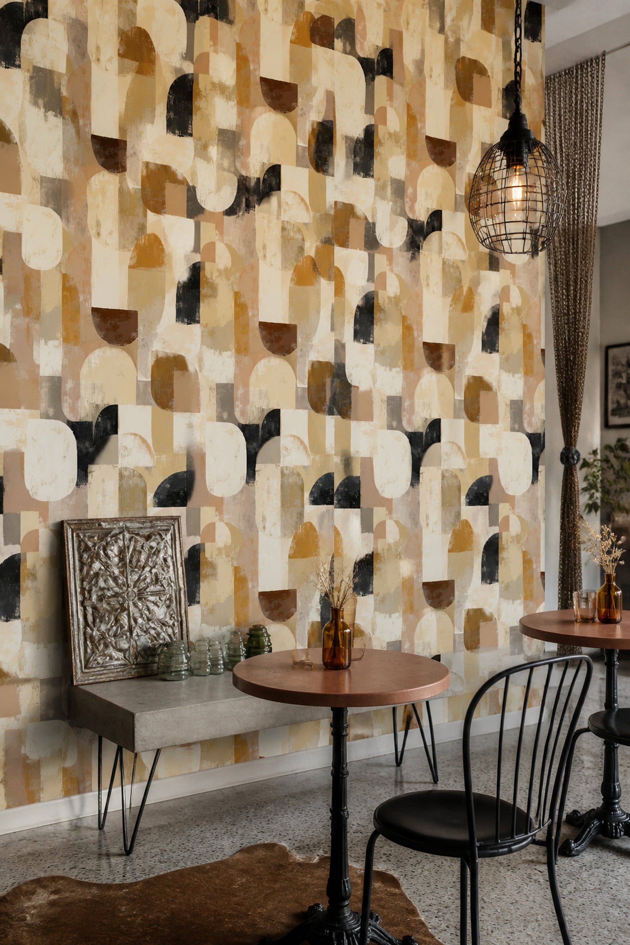 Geometrik Retro Duvar Kağıdı Bej Hardal Salon Deseni