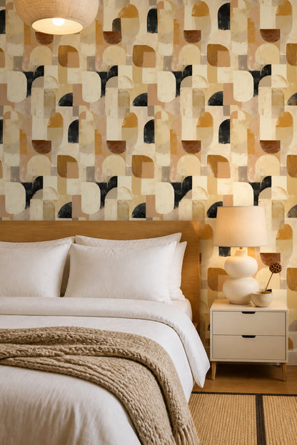 Geometrik Retro Duvar Kağıdı Bej Hardal Salon Deseni