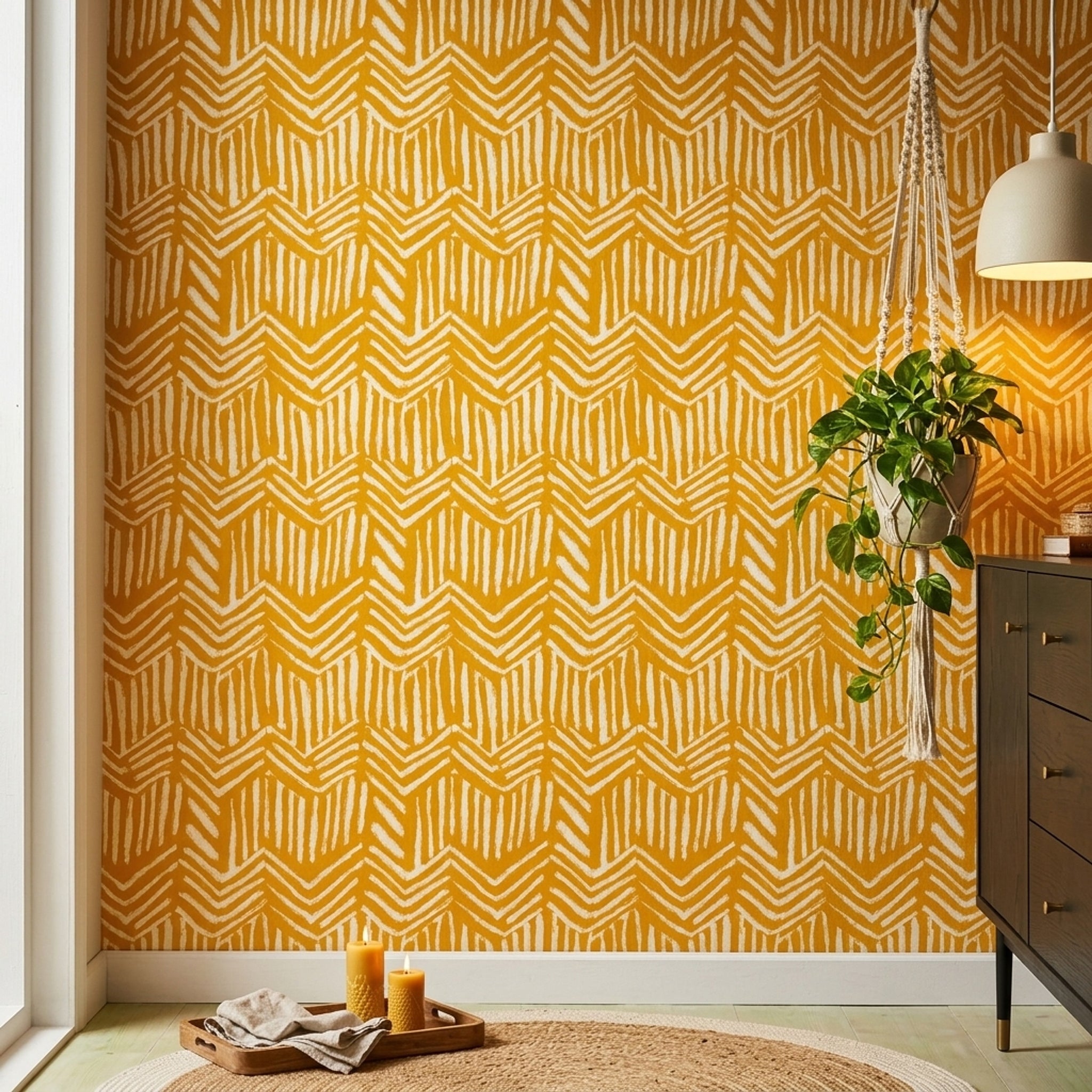 Geometrik Zikzak Desenli Duvar Kağıdı Hardal Sarı Salon