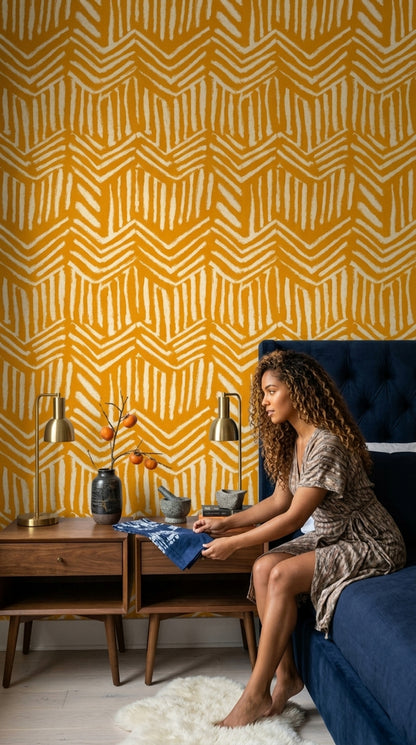 Geometrik Zikzak Desenli Duvar Kağıdı Hardal Sarı Salon
