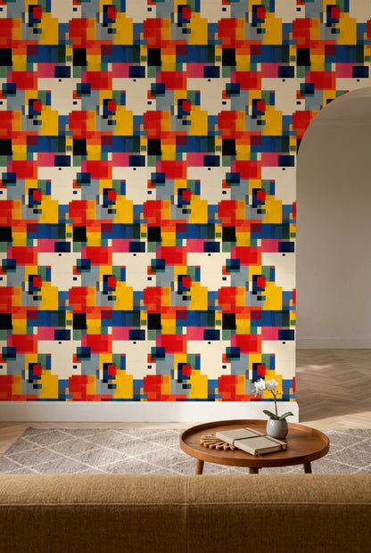 Renkli Geometrik Duvar Kağıdı Kare Desenli Modern Salon