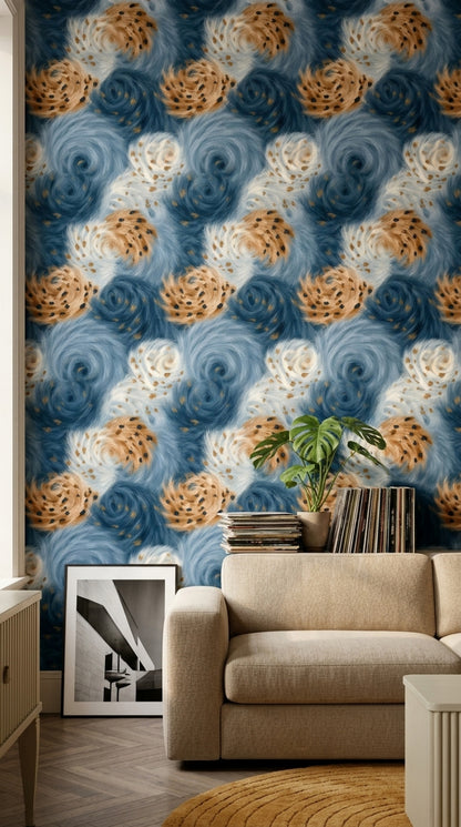 Soyut Spiral Desenli Duvar Kağıdı Lacivert Bej Salon