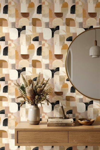 Geometrik Retro Duvar Kağıdı Bej Hardal Salon Deseni
