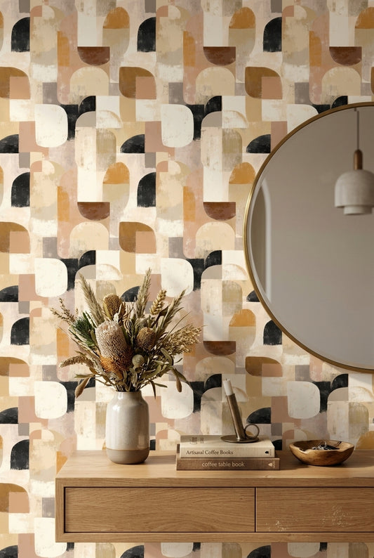 Geometrik Retro Duvar Kağıdı Bej Hardal Salon Deseni