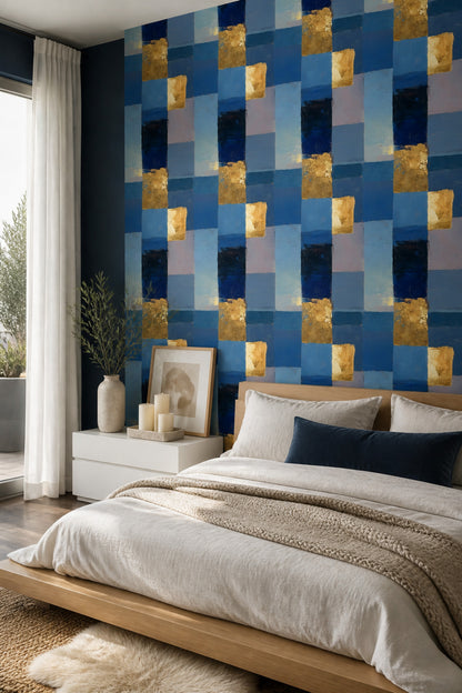 Mavi Geometrik Duvar Kağıdı Altın Detaylı Modern Desen