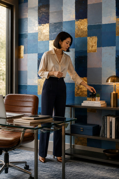 Mavi Geometrik Duvar Kağıdı Altın Detaylı Modern Desen