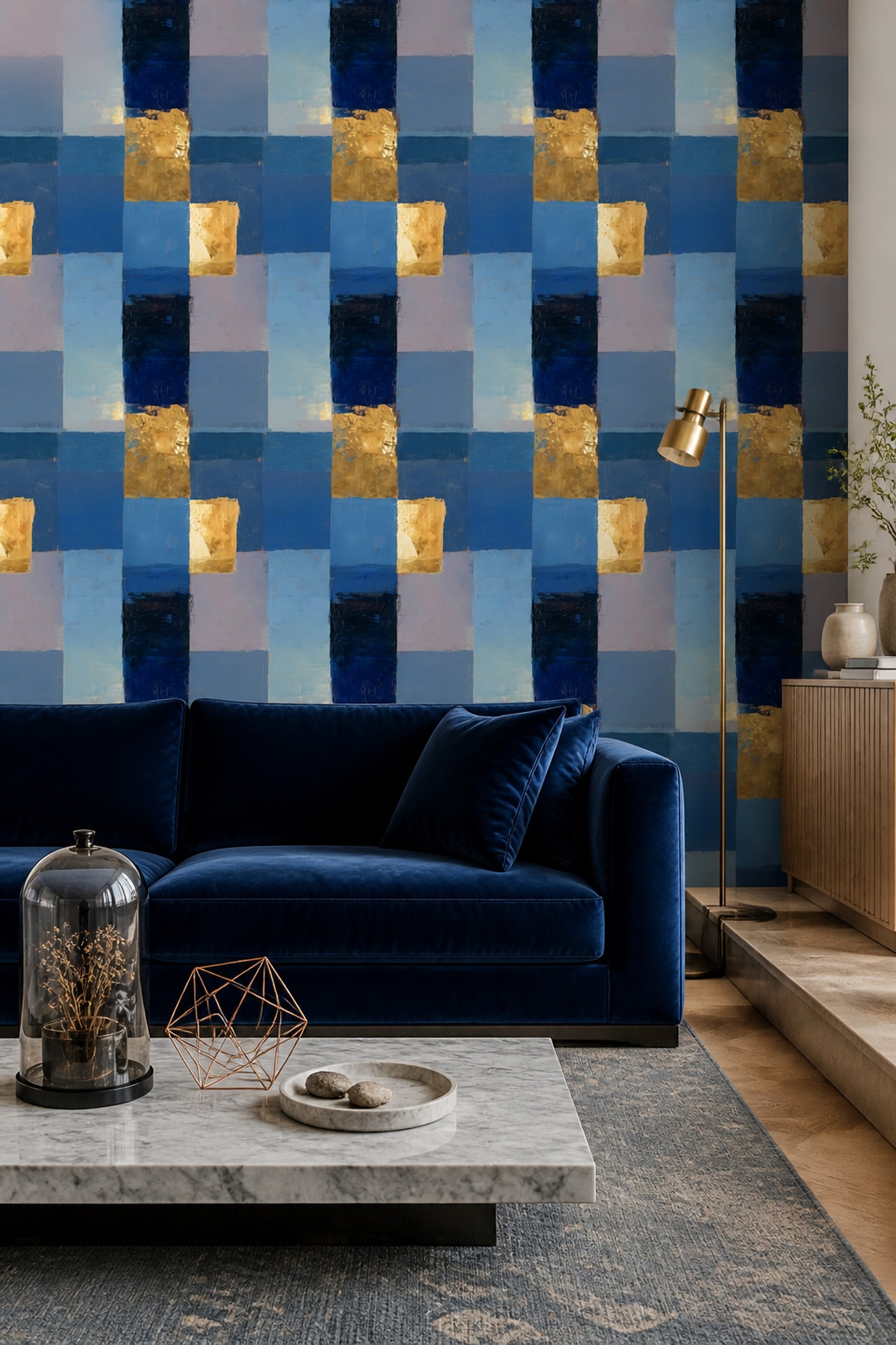 Mavi Geometrik Duvar Kağıdı Altın Detaylı Modern Desen