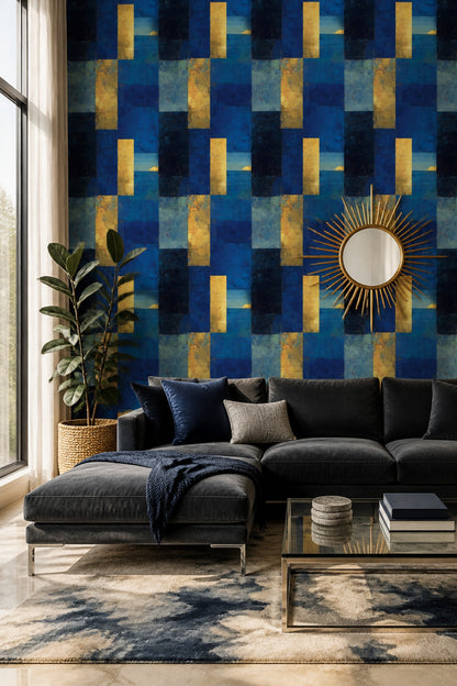 Geometrik Blok Desenli Duvar Kağıdı Lacivert Altın Salon