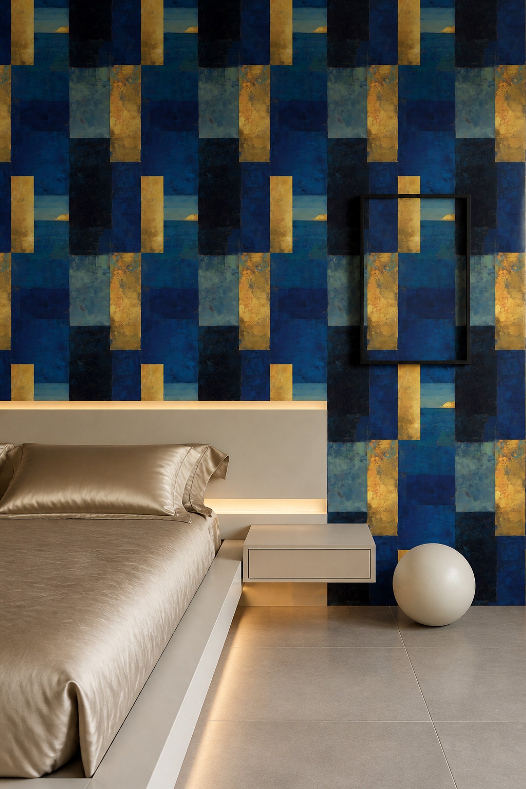 Geometrik Blok Desenli Duvar Kağıdı Lacivert Altın Salon