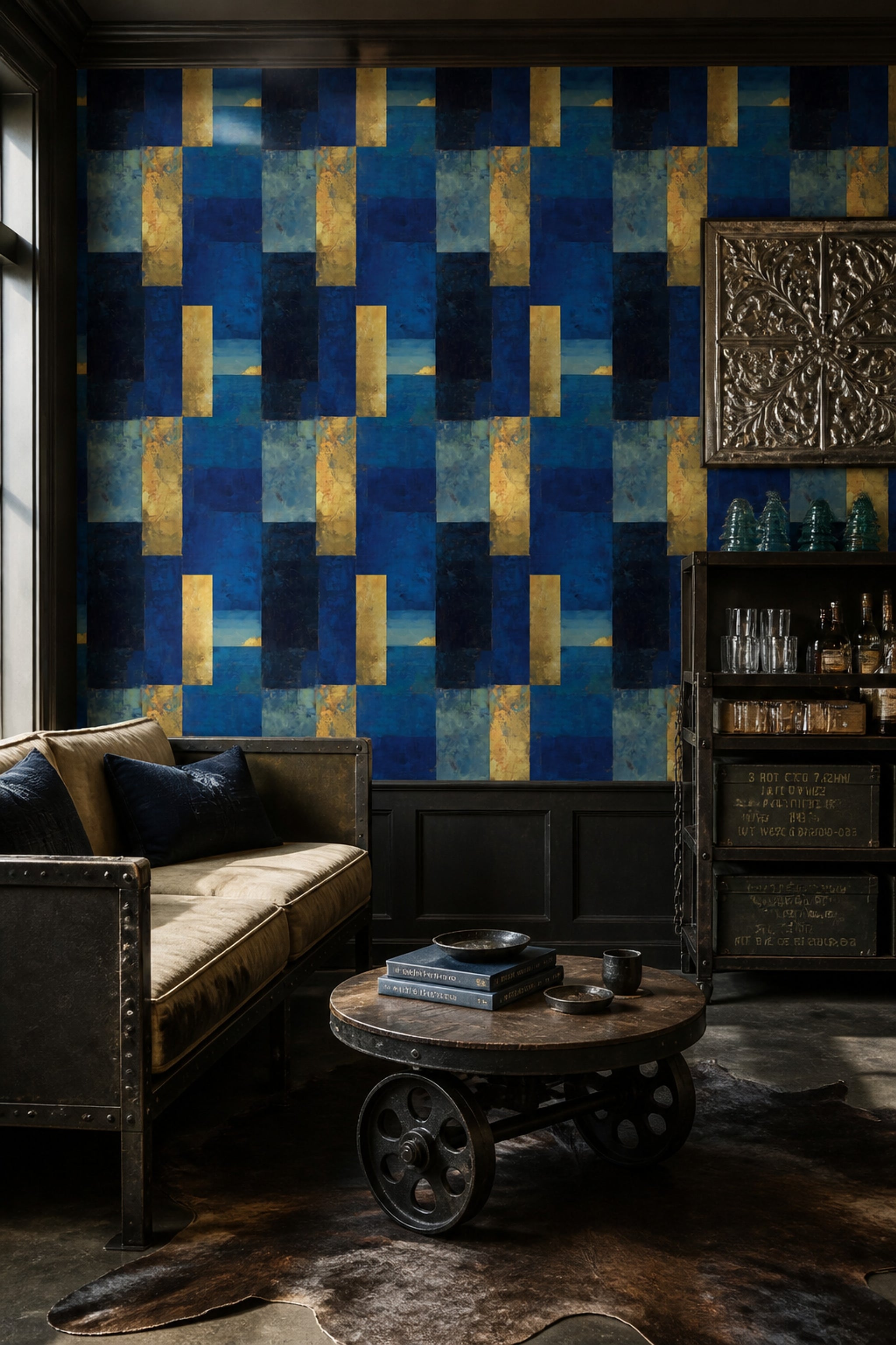 Geometrik Blok Desenli Duvar Kağıdı Lacivert Altın Salon