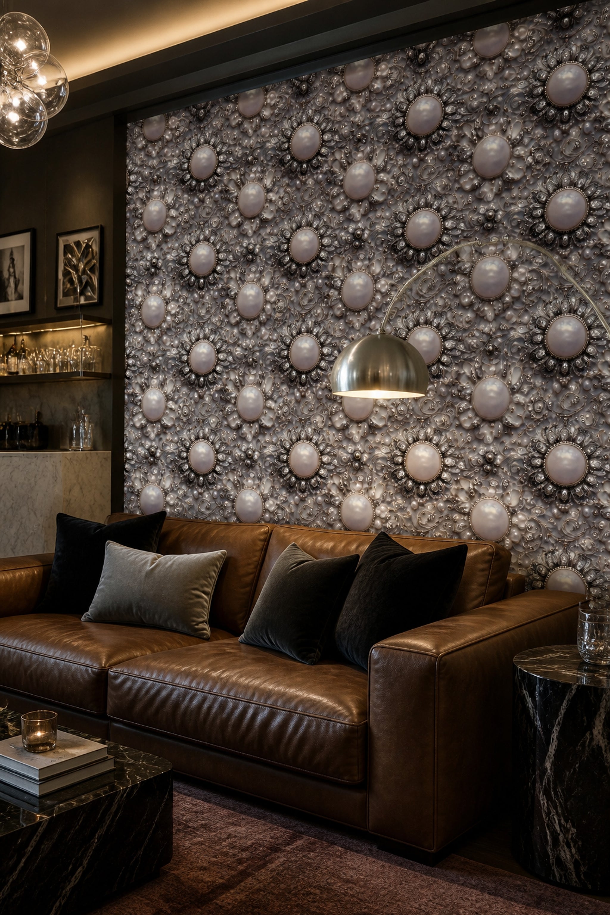 İnci Görünümlü Damask Desenli Duvar Kağıdı Gri Yatak Odası