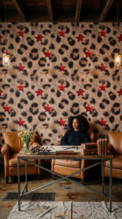 Leopar Desenli Duvar Kağıdı Kırmızı Yıldızlı Modern Salon
