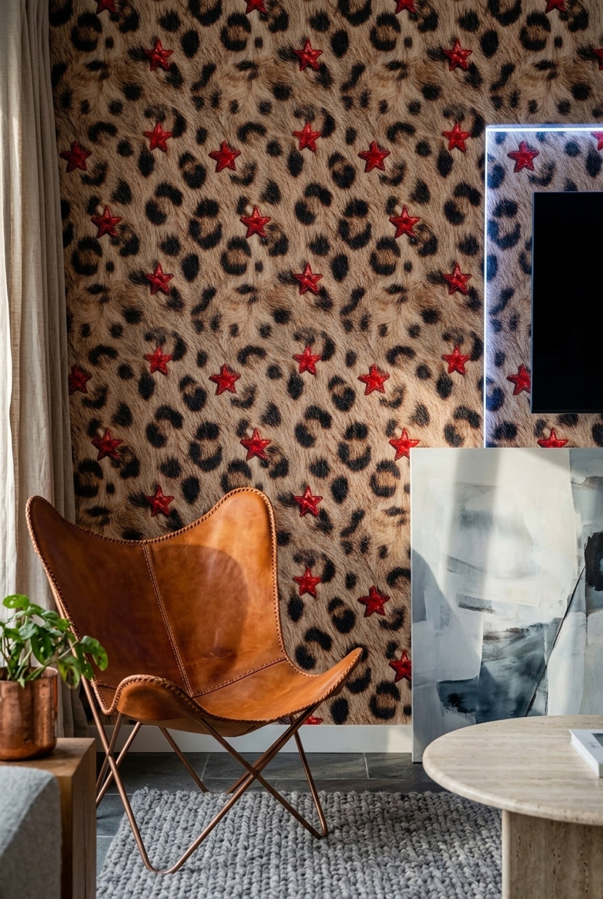 Leopar Desenli Duvar Kağıdı Kırmızı Yıldızlı Modern Salon