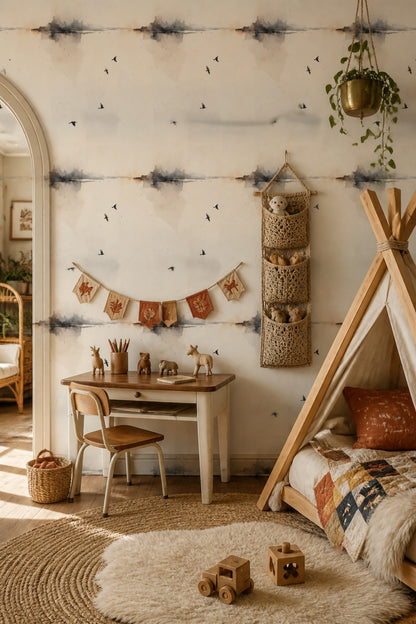 Kuş Desenli Duvar Kağıdı Bej Minimal Bebek Odası