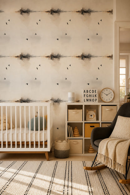 Kuş Desenli Duvar Kağıdı Bej Minimal Bebek Odası