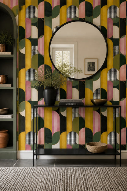 Geometrik Kemerlİ Duvar Kağıdı Hardal Yeşil Modern Salon
